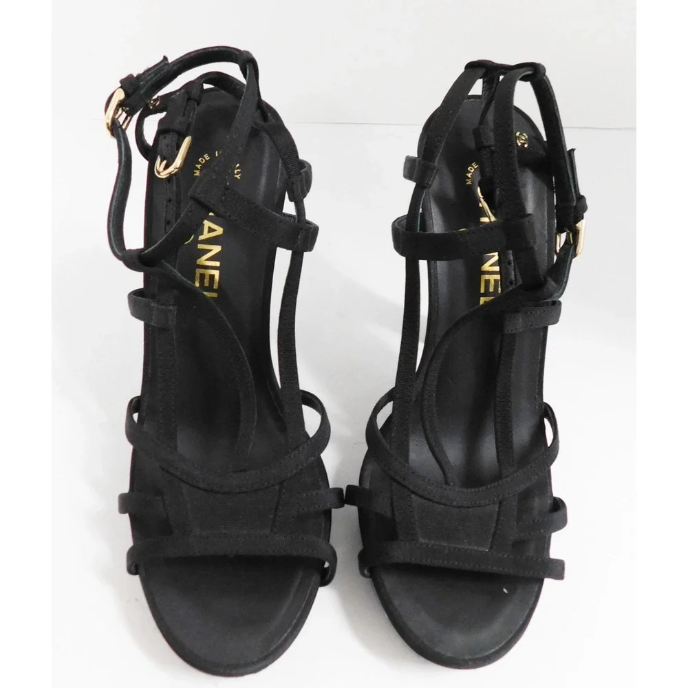 CHANEL Black Strappy Fabric Stiletto Open Toe Heels Women's 38‎